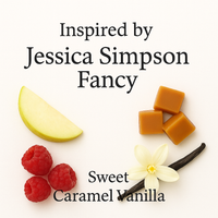 Inspired by Jessica Simpson Fancy fragrance with pear, raspberry, caramel, vanilla flower and tonka bean on a clean white background, Sweet Caramel Vanilla text overlay