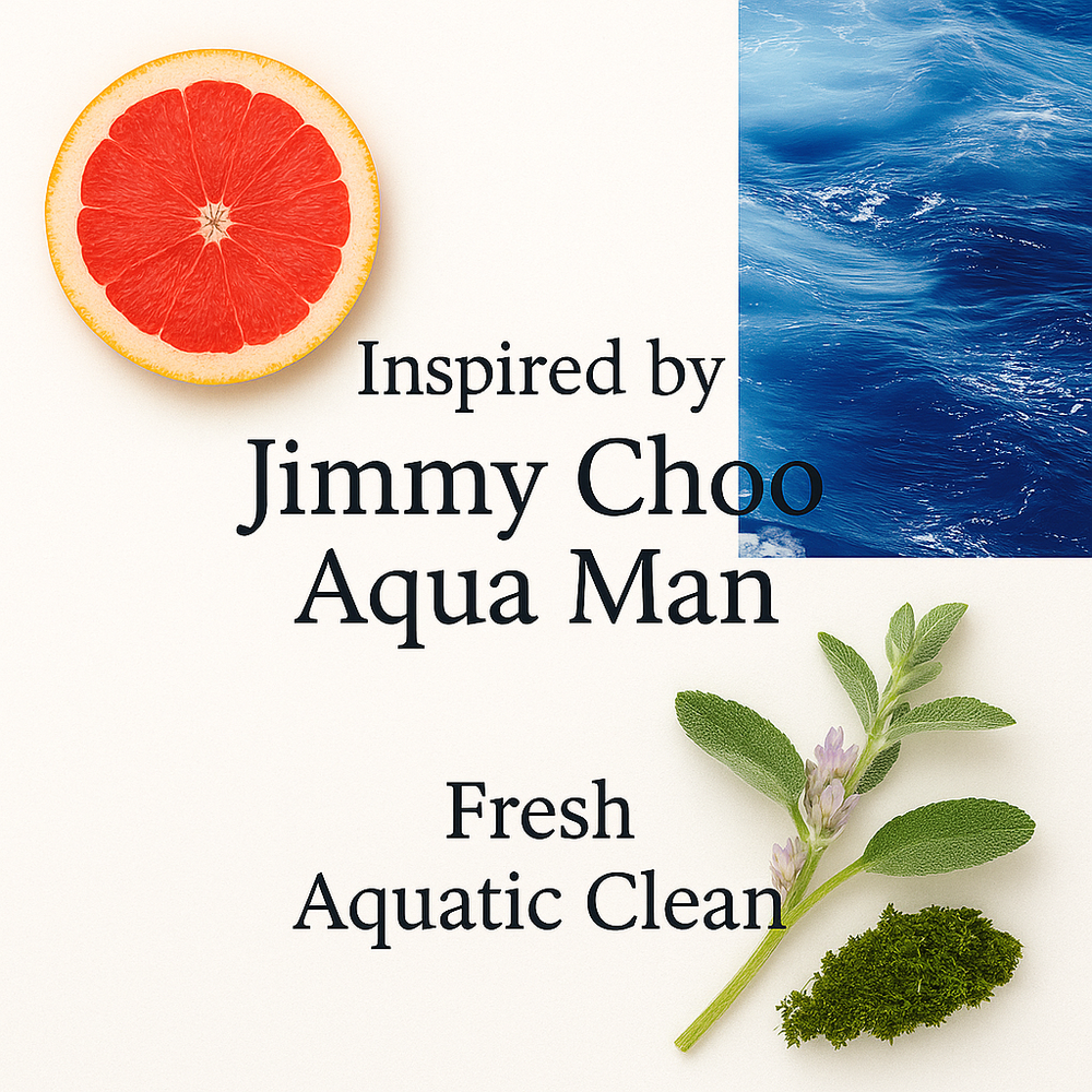 Inspired by Jimmy Choo Aqua Man fragrance with grapefruit, ocean water, clary sage, and moss elements on a clean white background with Fresh Aquatic Clean text overlay.