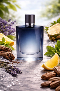 Note-tailored fragrance oil inspired by Jimmy Choo Blue with fresh lavender, black pepper, clary sage, apple, pineapple, sandalwood, and vetiver, shown in a sleek blue glass bottle surrounded by citrus, herbs, and woods