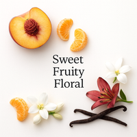 Inspired by Jimmy Choo I Want Choo fragrance with peach, mandarin, jasmine flowers, red lily, and vanilla beans arranged on a clean white background with Sweet Fruity Floral text overlay.