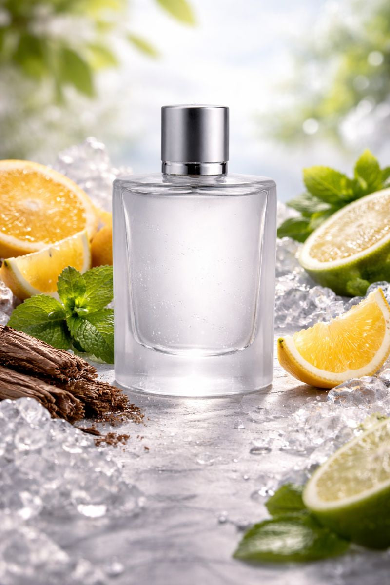 Jimmy Choo Ice inspired men’s fragrance oil featuring citron, bergamot, mandarin orange, apple, cedarwood, and a cool icy citrus freshness in a clean modern setting