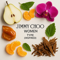 Jimmy Choo Women Type inspired perfume oil with pear, mandarin orange, orchid, toffee, and patchouli notes arranged around the title.