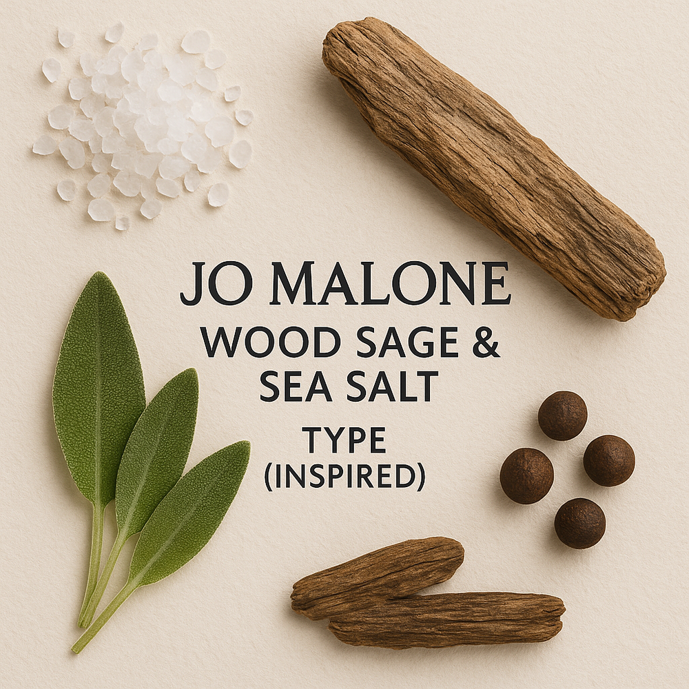 Jo Malone Wood Sage & Sea Salt Type inspired perfume oil with sea salt crystals, driftwood, sage leaves, and ambrette seeds arranged around the title.