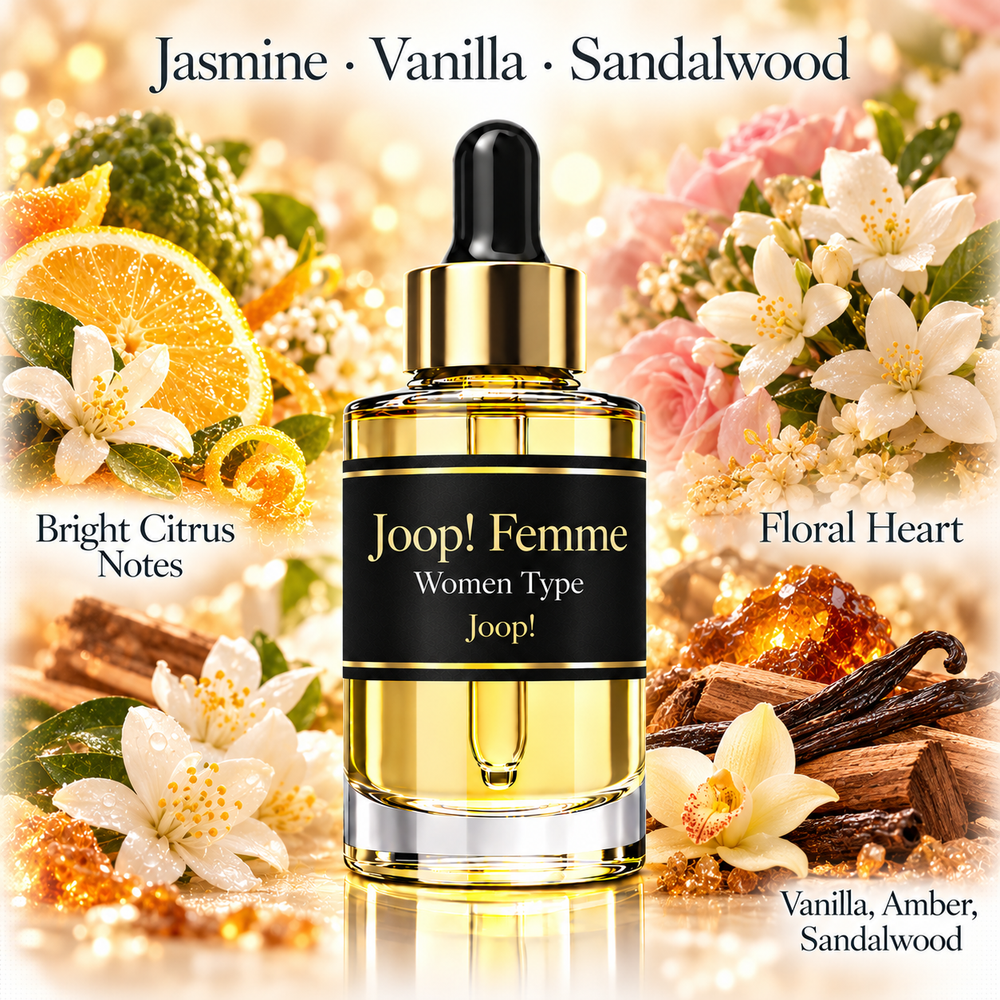 Joop Femme Women Type fragrance oil with jasmine, vanilla, sandalwood, citrus, amber, and floral notes in a luxury dropper bottle.