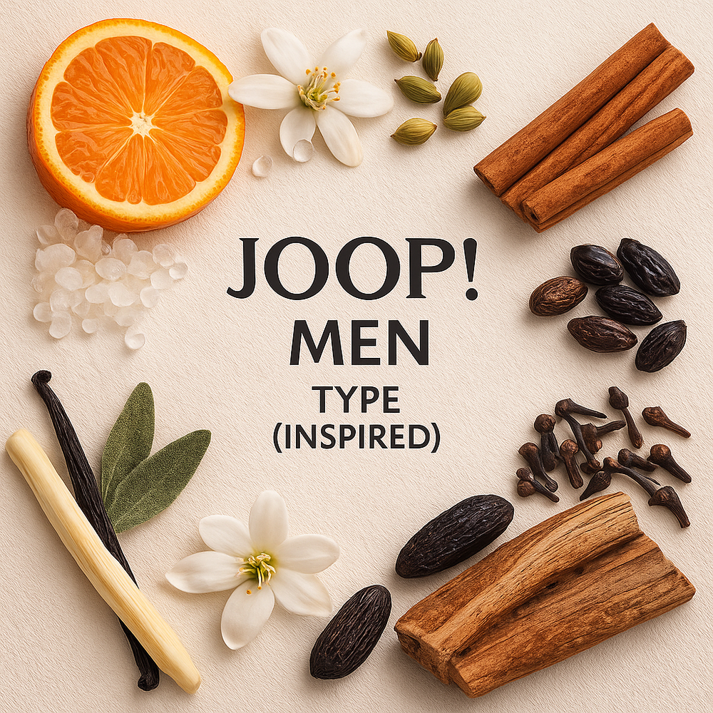 Joop Men Type inspired fragrance image with orange, jasmine, cinnamon sticks, cardamom pods, vanilla, tonka beans, and sandalwood arranged around the title.