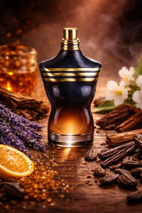 JPG Le Male Elixir inspired men’s fragrance oil with lavender, mint, vanilla, honey, tonka bean, and tobacco notes in a warm luxurious setting