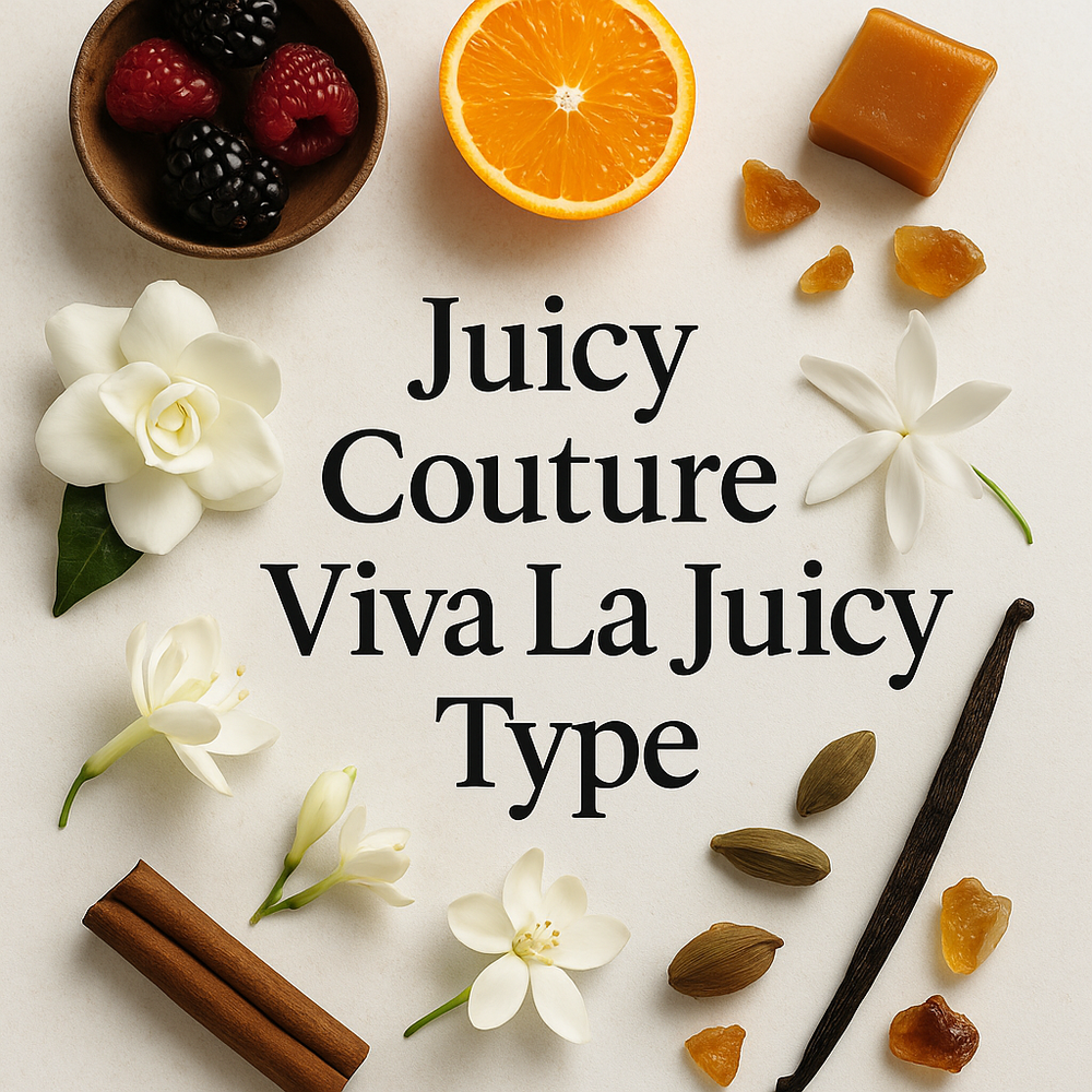 Viva La Juicy Type inspired perfume oil with wild berries, mandarin orange, white florals, caramel, amber, and vanilla arranged around the title.