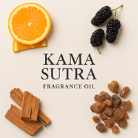Karma Sutra fragrance oil image featuring orange slices, mulberries, sandalwood chips, and myrrh resin arranged around the title.