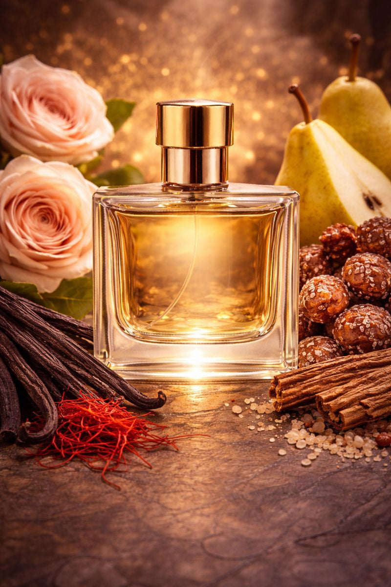 Kayali Oudgasm Vanilla Oud 36 inspired fragrance oil with saffron, praline, pear, rose, vanilla sugar, oud, white musk, and cashmere wood notes