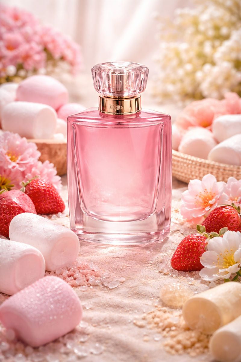 Kayali Yum Boujee Marshmallow inspired fragrance oil featuring strawberry, marshmallow, whipped cream, vanilla, and soft gourmand sweetness in a pink luxury bottle