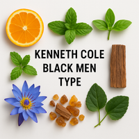 Kenneth Cole Black Men Type inspired image with mandarin orange, basil, mint, lotus, cedarwood, amber resin, and violet leaves arranged around the title.