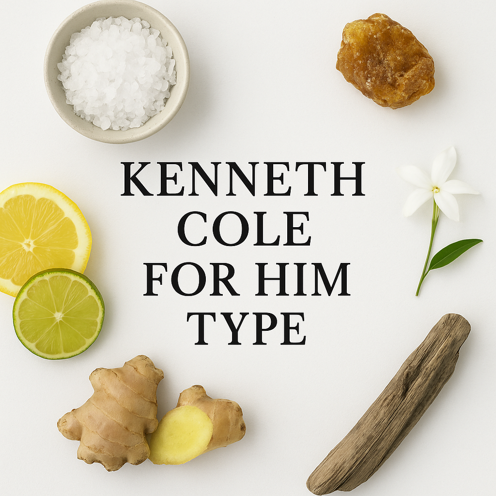 Kenneth Cole For Him Type inspired image with sea salt, citrus slices, ginger, jasmine flower, amber resin, and wood notes arranged around the centered title.