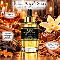 Kilian Angel’s Share inspired fragrance oil by HA Fragrances featuring a luxury gold dropper bottle surrounded by cognac, cinnamon, tonka bean, oak, vanilla, praline, and sandalwood with a Sweet Warm Gourmand woody gourmand scent profile.