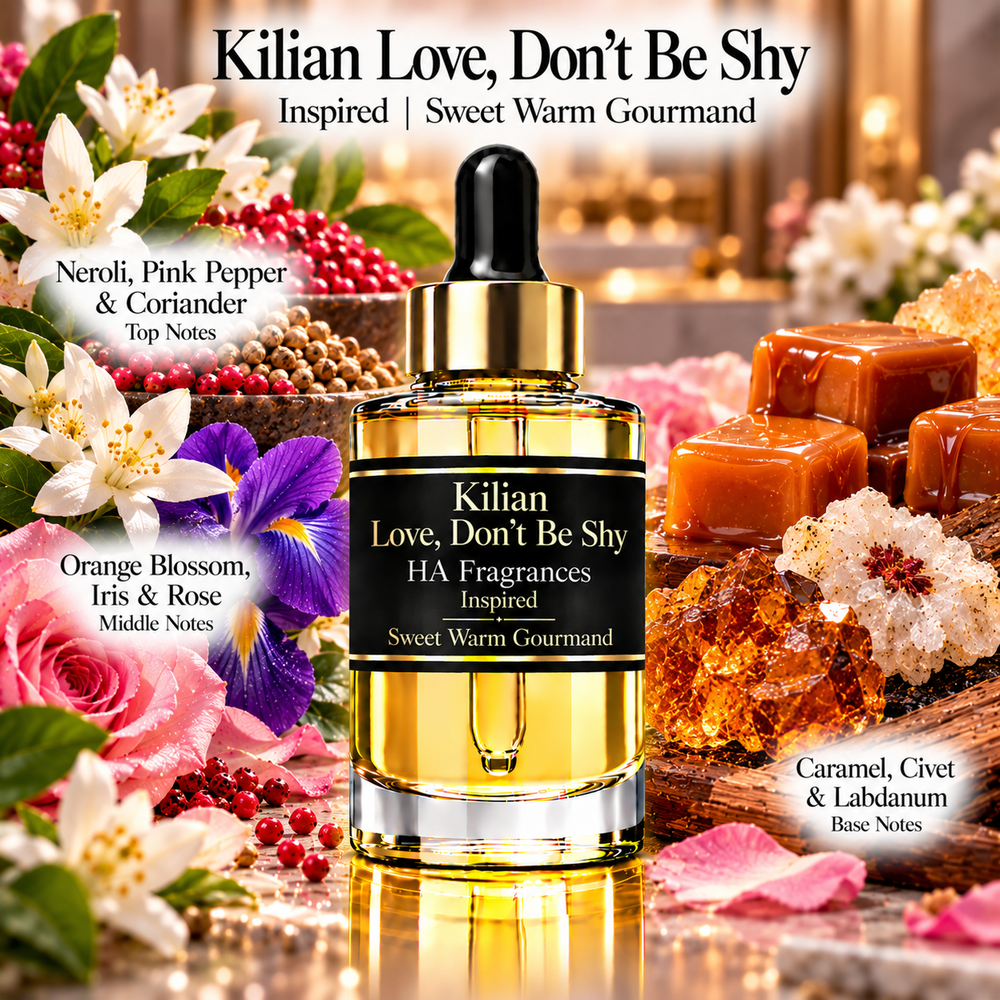 Kilian Love, Don’t Be Shy inspired fragrance oil by HA Fragrances featuring a luxury gold dropper bottle surrounded by neroli, pink pepper, coriander, orange blossom, iris, rose, caramel, civet, and labdanum with a Sweet Warm Gourmand scent profile.