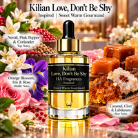 Kilian Love, Don’t Be Shy inspired fragrance oil by HA Fragrances featuring a luxury gold dropper bottle surrounded by neroli, pink pepper, coriander, orange blossom, iris, rose, caramel, civet, and labdanum with a Sweet Warm Gourmand scent profile.