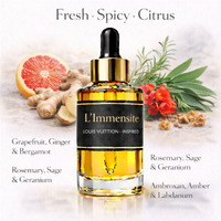 L’Immensite Louis Vuitton Inspired fragrance oil – Fresh Spicy Citrus scent with grapefruit, ginger, bergamot and amber on white background