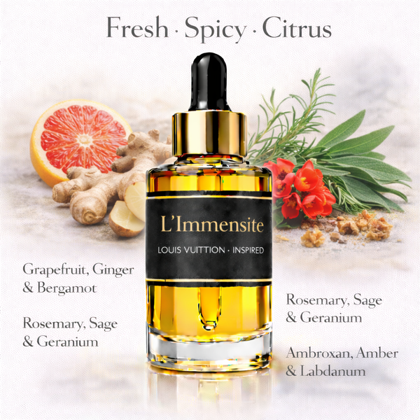 L’Immensite Louis Vuitton Inspired fragrance oil – Fresh Spicy Citrus scent with grapefruit, ginger, bergamot and amber on white background