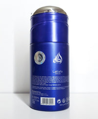 Back view of Blue Sapphire Deodorant Spray by Lattafa, showcasing product details, ingredients, and premium packaging in vibrant blue with silver accents.