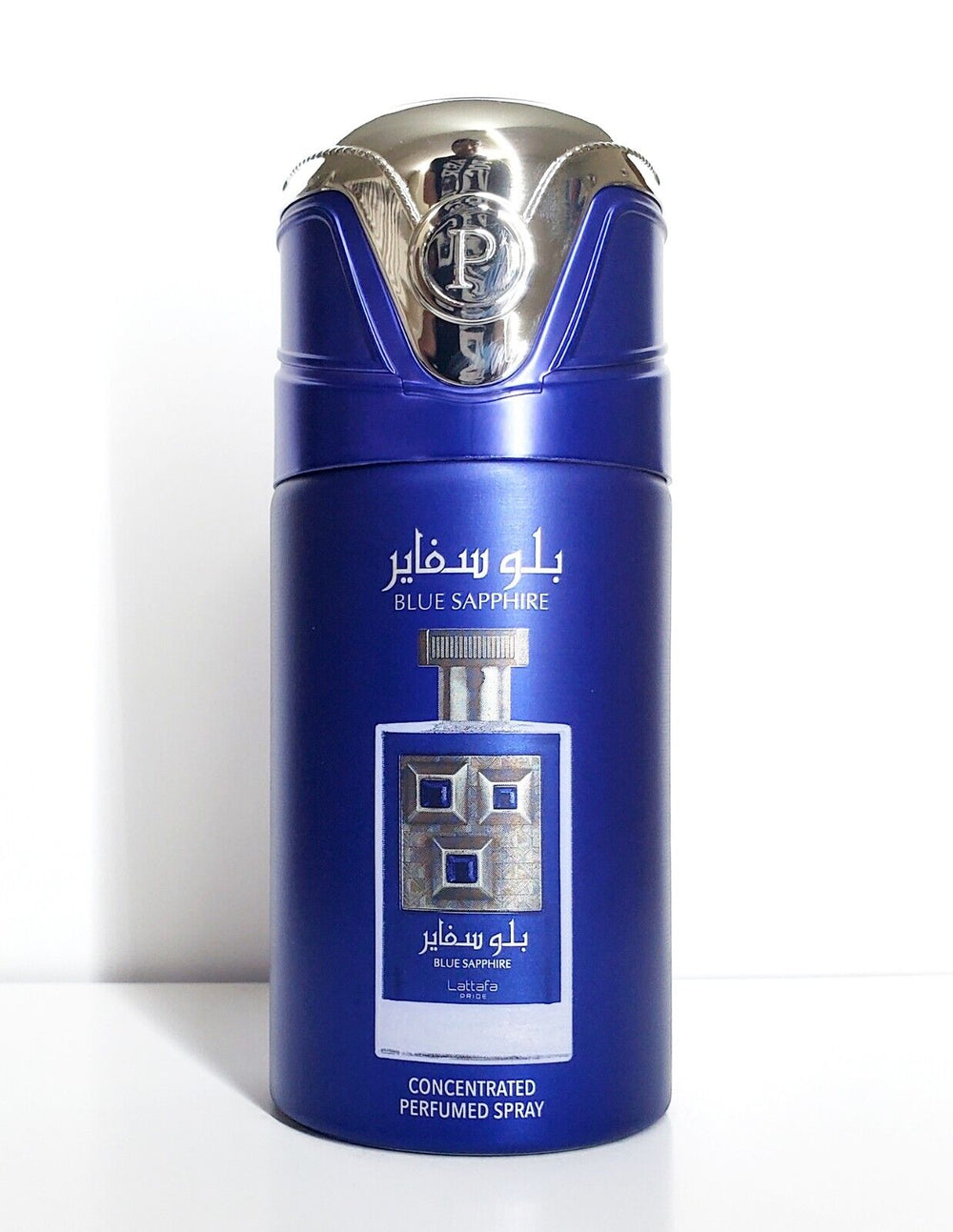 Front view of Blue Sapphire Deodorant Spray by Lattafa, featuring a luxurious blue and silver design with a bold logo, perfect for everyday elegance.