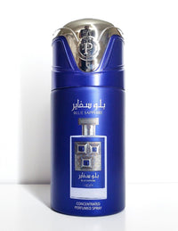 Front view of Blue Sapphire Deodorant Spray by Lattafa, featuring a luxurious blue and silver design with a bold logo, perfect for everyday elegance.