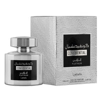 Confidential Platinum Eau De Parfum by Lattafa – 100ML unisex fragrance with an elegant silver bottle and textured metallic packaging for a premium feel.