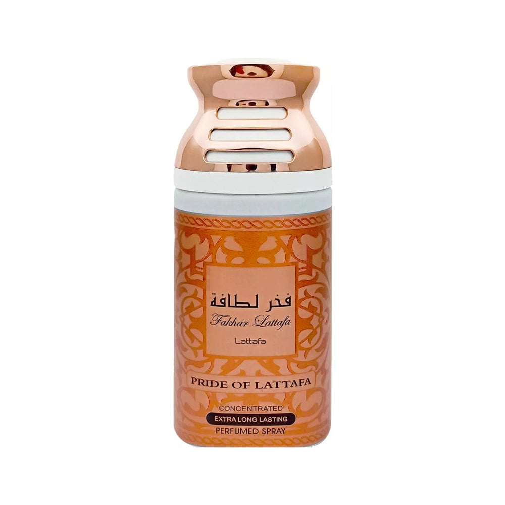 Lattafa Fakhar Pink Pride Concentrated Extra Long-Lasting Perfumed Spray for Women, featuring an elegant rose gold and orange design, 9 Oz.