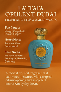 Lattafa Opulent Dubai perfume bottle on an orange background with text showing fragrance notes – mango, grapefruit, lemon, ginger, jasmine, violet, cedarwood, ambergris, benzoin, and oakmoss.