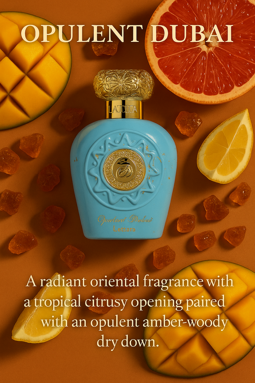 Lattafa Opulent Dubai perfume bottle surrounded by fresh mango, grapefruit, lemon slices, and amber resin pieces – highlighting the tropical citrus and amber-woody scent.