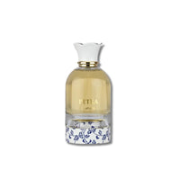 Lattafa Petra Perfume – clear bottle with white floral print base and gold label, elegant unisex scent
