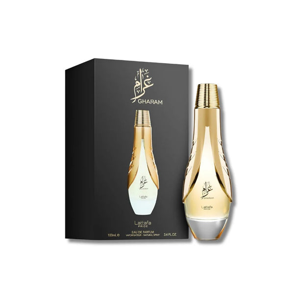 Lattafa Pride Gharam EDP 100ml with matching black and gold perfume box