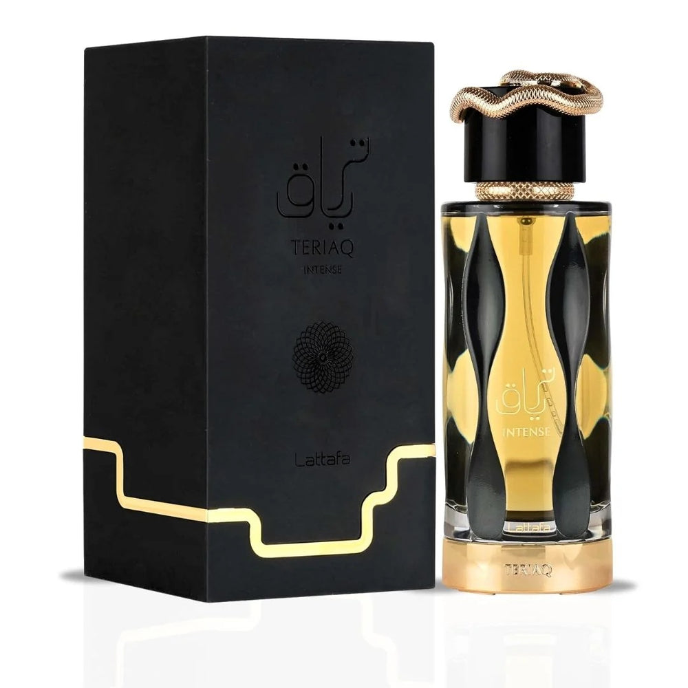 Lattafa Teriaq Intense perfume with elegant black and gold box – unisex Arabian fragrance with bold packaging design.