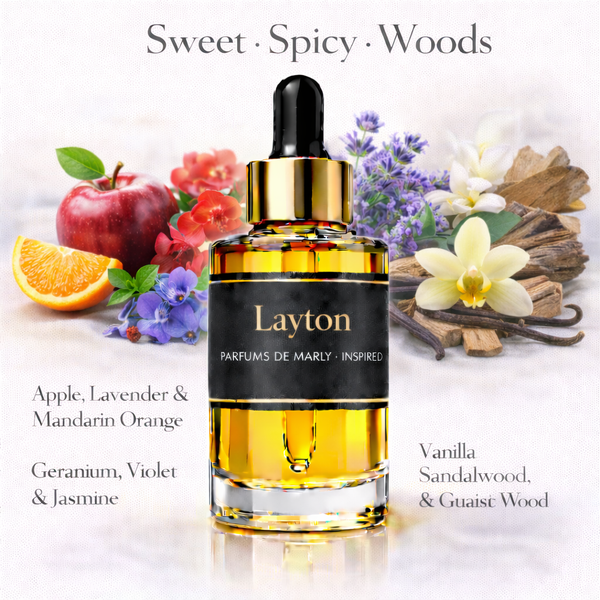Layton Parfums de Marly Inspired fragrance oil – Sweet Spicy Woods scent with apple, lavender, vanilla and sandalwood on white background