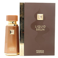 Liquid Brun French Avenue perfume bottle alongside its luxurious packaging, showcasing its elegant design.