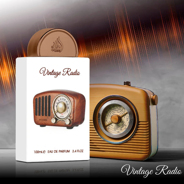 Lattafa Pride Vintage Radio EDP 100mL with premium packaging, featuring a stylish brown and gold box for a luxurious fragrance experience.
