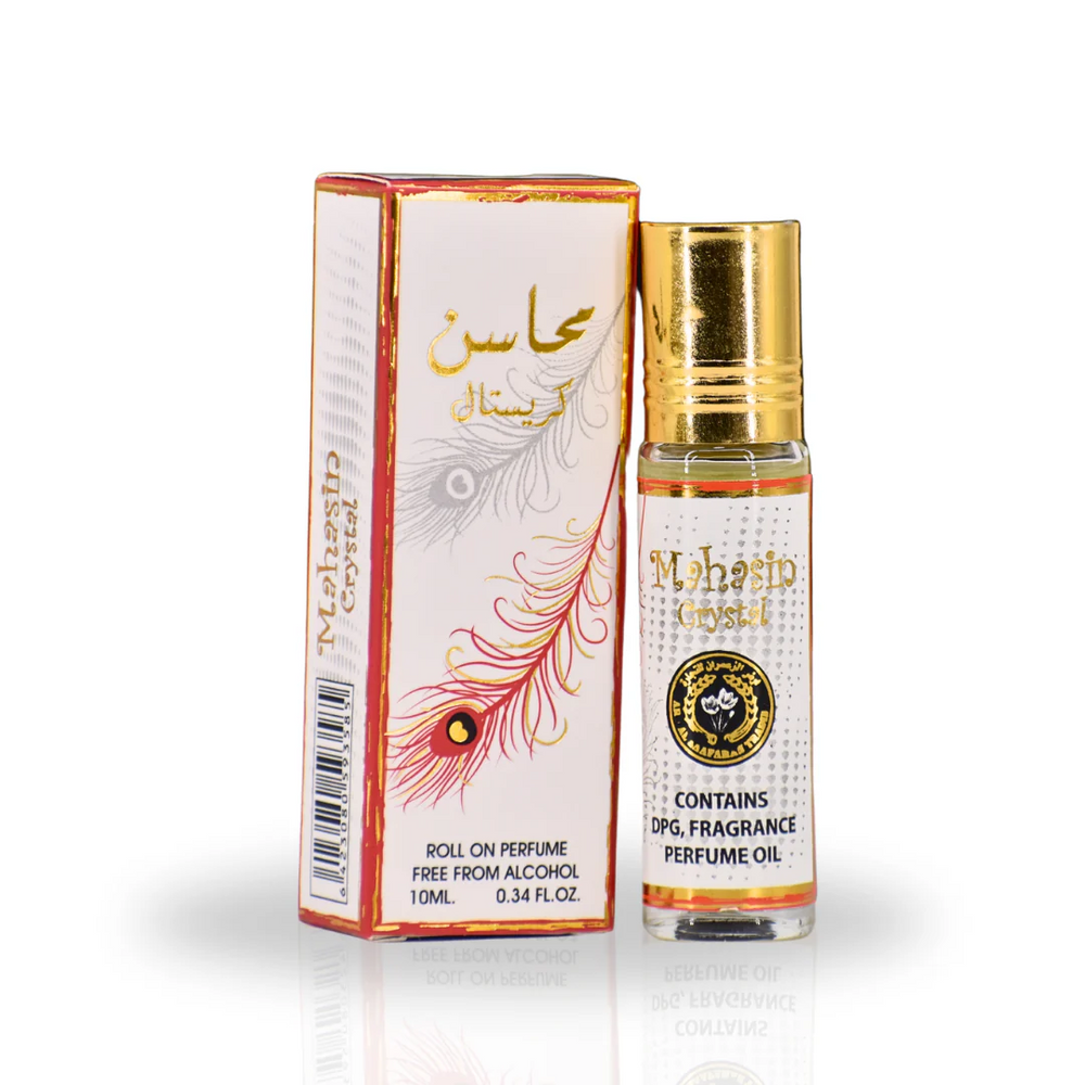 Mahasin Crystal Roll-On Perfume Oil 10ML by Ard Al Zaafaran, featuring a beautifully designed bottle with gold accents and matching elegant packaging.