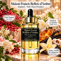 Maison Francis Reflets d’Ambre inspired fragrance oil by HA Fragrances featuring a luxury gold dropper bottle surrounded by pink pepper, jasmine, amber, vanilla, and labdanum with a Soft Clean Powdery oriental floral scent profile.