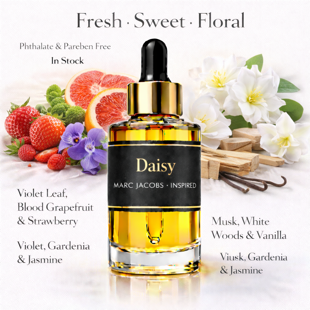 Marc Jacobs Daisy Inspired fragrance oil – Fresh Sweet Floral scent with strawberry, grapefruit, violet and jasmine on white background
