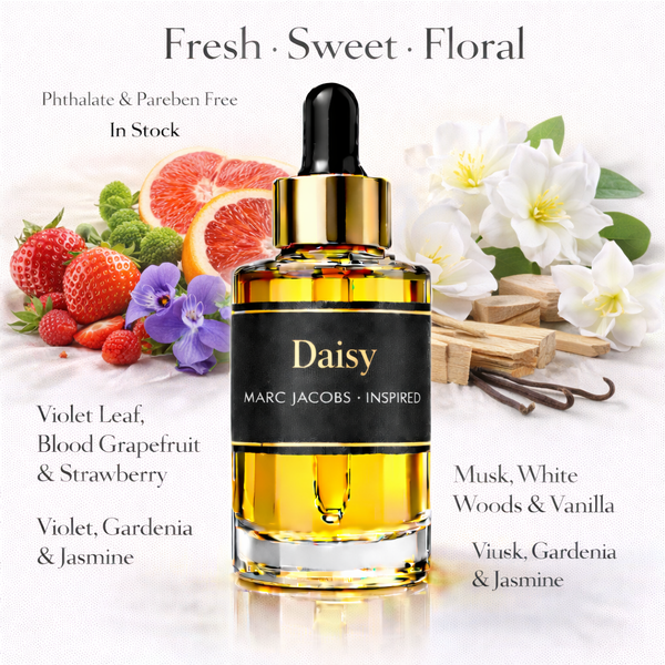 Marc Jacobs Daisy Inspired fragrance oil – Fresh Sweet Floral scent with strawberry, grapefruit, violet and jasmine on white background