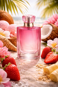 Miami Shake inspired fragrance oil featuring strawberry, creamy ice cream, and vanilla notes with a playful tropical aesthetic, no text on bottle
