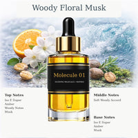Molecule 01 Escentric Molecules inspired fragrance oil with Iso E Super, Amber, Woody Notes, Musk, Animalic Accord, Soft Woody Accord, and Iso E Super, Amber, Musk notes