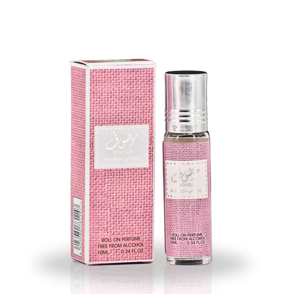 Mousuf Wardi Roll-On Perfume Oil 10ML by Ard Al Zaafaran with pink packaging and a sleek glass bottle, showcasing its luxurious unisex fragrance.