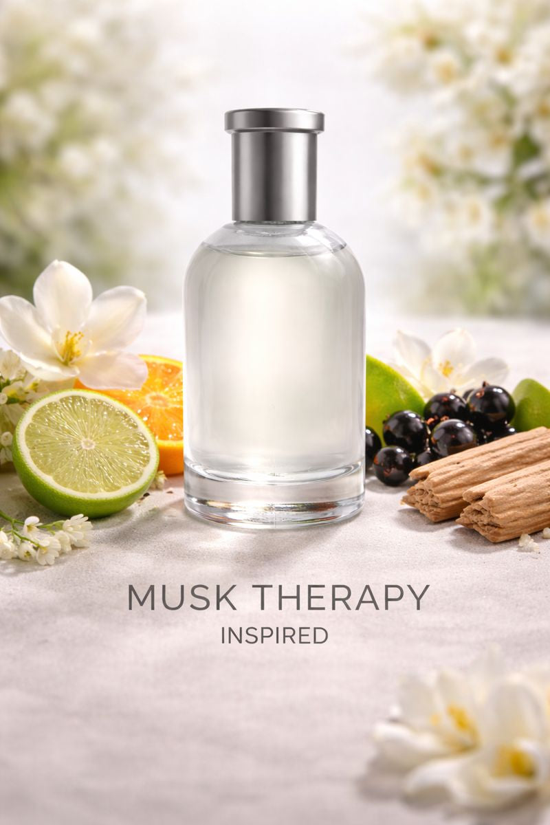 Musk Therapy inspired fragrance oil displayed with bergamot, mandarin orange, black currant, magnolia flowers, and creamy sandalwood in a soft, clean luxury setting