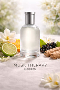 Musk Therapy inspired fragrance oil displayed with bergamot, mandarin orange, black currant, magnolia flowers, and creamy sandalwood in a soft, clean luxury setting