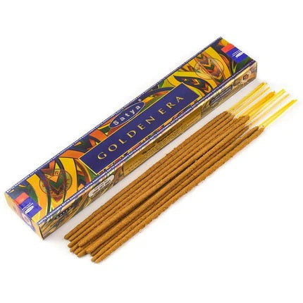 Nag Champa Golden Era Incense Sticks - 15g box with beautifully crafted incense sticks displayed, showcasing the vibrant packaging and premium quality.