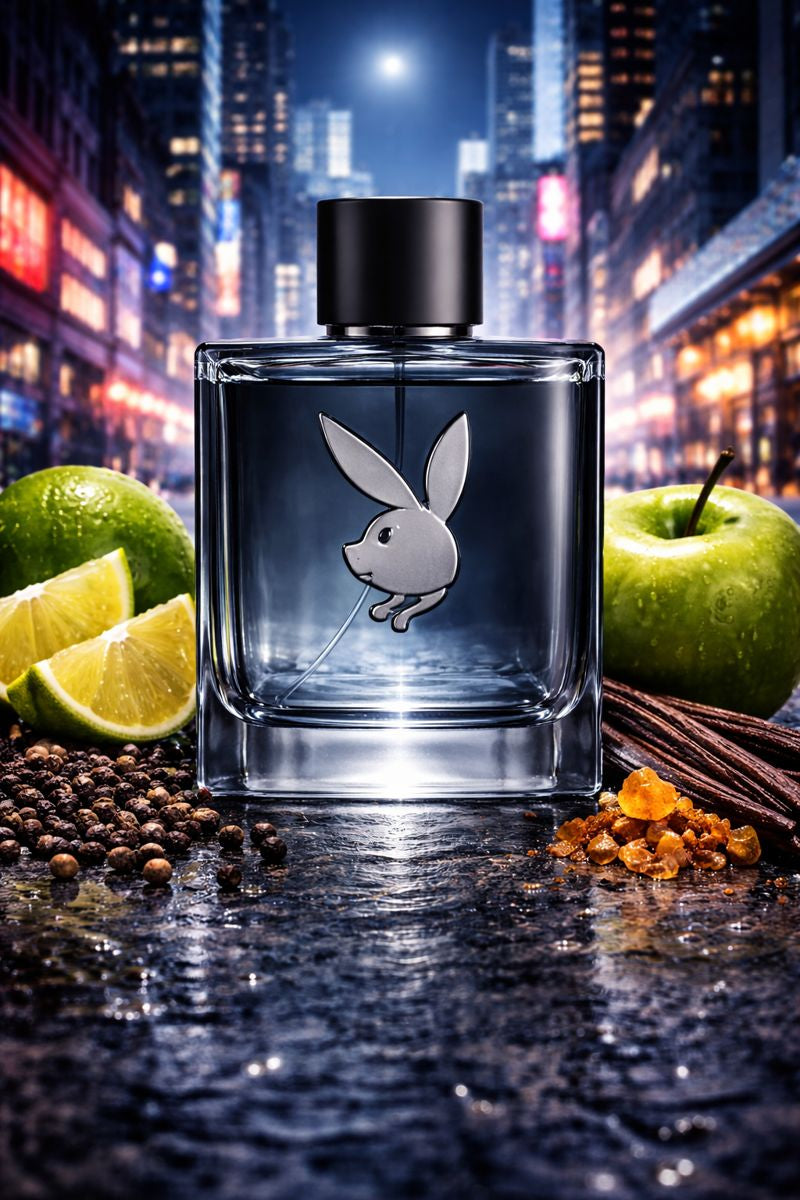 New York Playboy inspired fragrance oil with lime, green apple, black pepper, vanilla, vetiver, and tonka bean notes in a modern city setting
