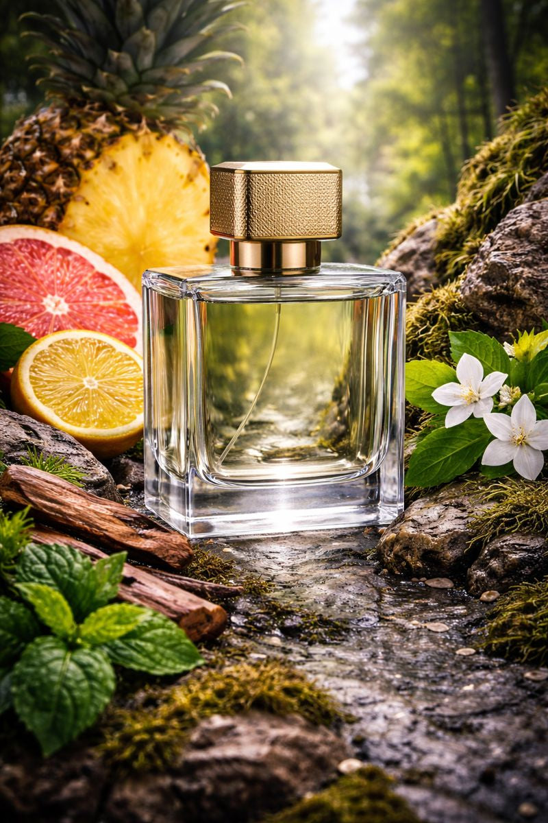 Nishane Hacivat inspired fragrance oil bottle styled with pineapple, grapefruit, bergamot, cedarwood, jasmine, and oakmoss notes in a fresh woody luxury setting