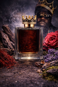 Notorious Oud inspired fragrance oil with saffron, oud wood, Bulgarian rose, lavender, papyrus, civet, and musky smoky accords in a dark luxury setting