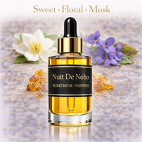 Nuit De Noho Bond No9 Inspired fragrance oil – Sweet Floral Musk scent with jasmine, violet, amber and vanilla on white background