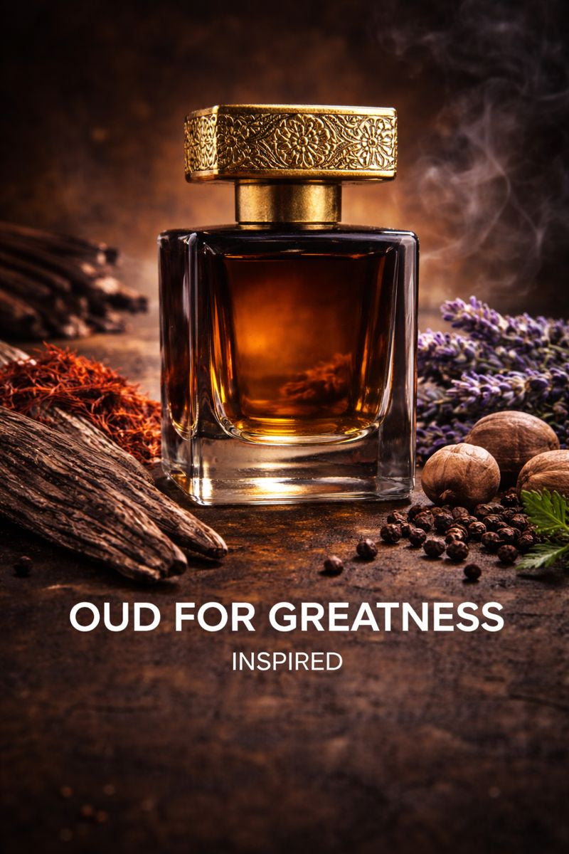 Oud for Greatness inspired fragrance oil displayed with saffron threads, lavender, nutmeg, rich oud wood, and warm amber tones in a dark luxury setting