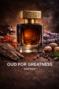 Oud for Greatness inspired fragrance oil displayed with saffron threads, lavender, nutmeg, rich oud wood, and warm amber tones in a dark luxury setting